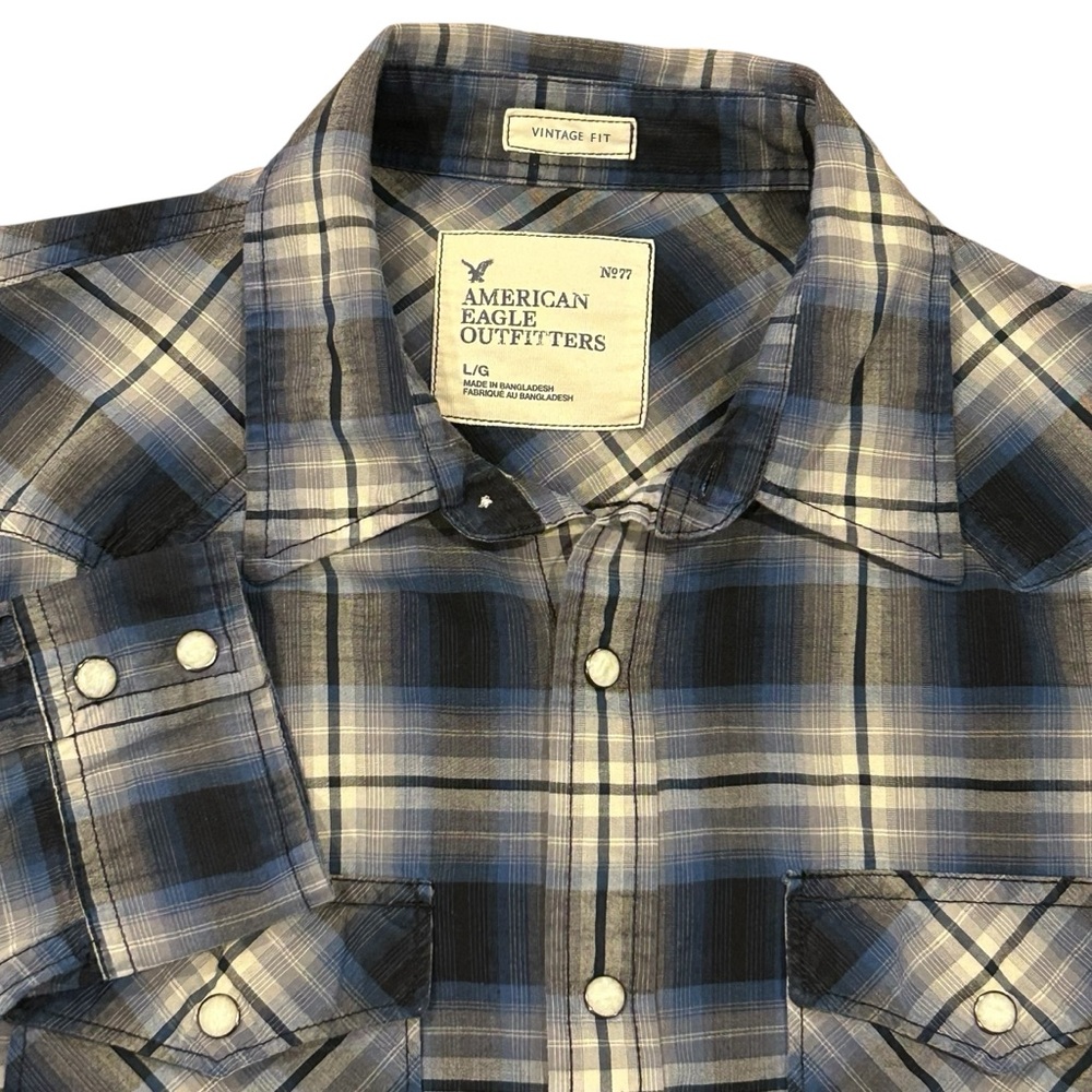American Eagle Outfitters Blue Black Plaid Cotton Flannel Pearl Snap Shirt L